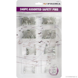 240pc  Assorted Safety Pins On Card Chrome
