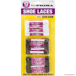 12 Pair Shoe Laces White, Brown and Black